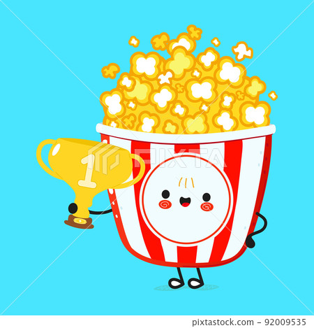 Cute funny popcorn hold gold trophy cup. Vector hand drawn cartoon kawaii character illustration icon. Isolated on blue background. Popcorn with winner trophy cup Cute funny popcorn hold gold trophy cup. Vector hand drawn cartoon kawaii character illustration icon. Isolated on blue background. Popcorn with winner trophy cup 92009535