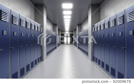 Long school corridor with blue lockers , 3d illustration Long school corridor with blue lockers , 3d illustration 92009678