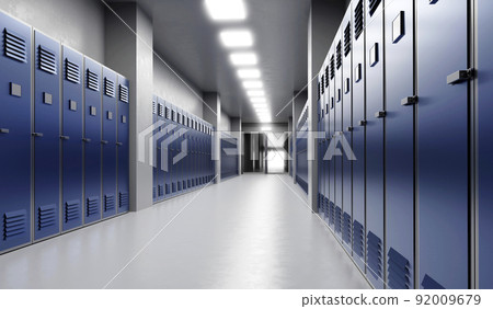 Long school corridor with blue lockers , 3d illustration 92009679