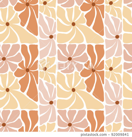 Vector 70s inspired seamless pattern in rectangular shape. Flower Groovy hippie funny boho yellow palette Great for fabric, giftwrap, scrapbooking, packaging, poster, card Vector 70s inspired seamless pattern in rectangular shape. Flower Groovy hippie funny boho yellow palette Great for fabric, giftwrap, scrapbooking, packaging, poster, card 92009841