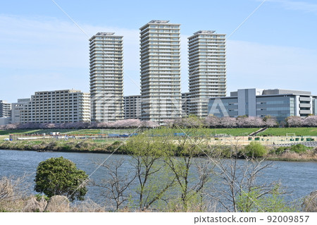 Tower apartments in Shimomaruko, Ota-ku, Tokyo, seen from the Kawasaki City side on the right bank of the Tama River 92009857