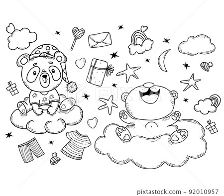 Set of cute panda. characters Joyful Panda and in pajamas on cloud, gifts, stars and rainbow, candy, box and heart. Vector illustration. Isolated linear hand drawings for nursery collection 92010957