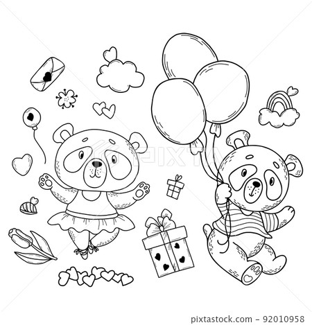 Set of cute panda characters. Panda in striped T-shirt flies on balloons panda girl ballerina in dress and pointe shoes, rainbow and flowers, heart and candy. Vector illustration. Linear hand drawing Set of cute panda characters. Panda in striped T-shirt flies on balloons panda girl ballerina in dress and pointe shoes, rainbow and flowers, heart and candy. Vector illustration. Linear hand drawing 92010958