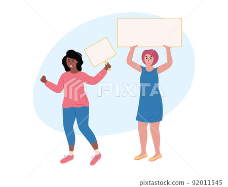 Women protest. Demonstration with placards templates. Angry girls holding blank protest posters in hands. African american woman shoutes and raises fist. Flat vector illustration Women protest. Demonstration with placards templates. Angry girls holding blank protest posters in hands. African american woman shoutes and raises fist. Flat vector illustration 92011545