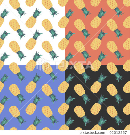 Set of seamless patterns with juicy ripe pineapple. Harvesting tropical fruits. Ornament for decoration and printing on fabric. Design element. Vector Set of seamless patterns with juicy ripe pineapple. Harvesting tropical fruits. Ornament for decoration and printing on fabric. Design element. Vector 92012267