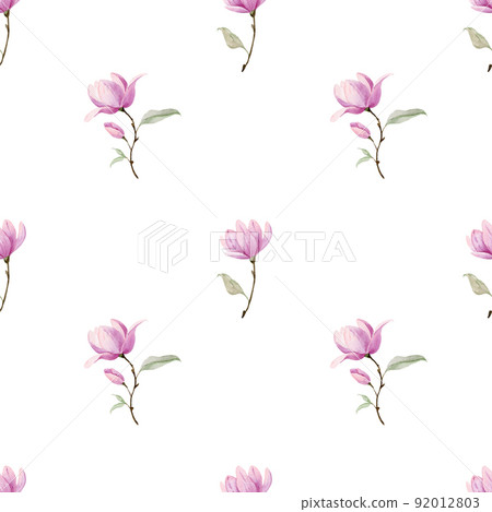 Watercolor Seamless Magnolia Pattern with pink Flowers on white Background. Hand drawn botanical backdrop for textile or wrapping paper design. Floral ornament Watercolor Seamless Magnolia Pattern with pink Flowers on white Background. Hand drawn botanical backdrop for textile or wrapping paper design. Floral ornament 92012803