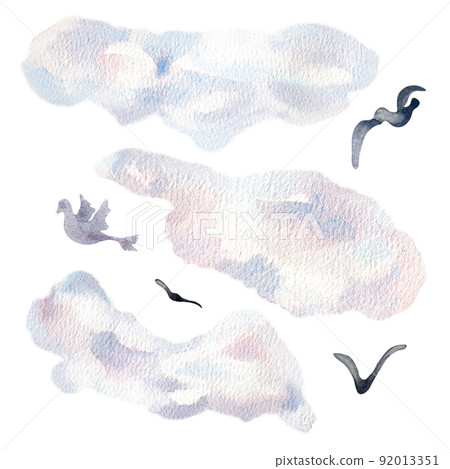 Set of clouds and birds watercolor illustration isolated on white. Set of clouds and birds watercolor illustration isolated on white. 92013351