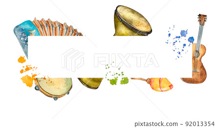 Frame of folk musical instruments watercolor illustration isolated. Frame of folk musical instruments watercolor illustration isolated. 92013354