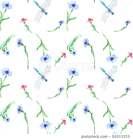 Meadow blue. pink flowers with dragonfly watercolor seamless pattern on white Meadow blue. pink flowers with dragonfly watercolor seamless pattern on white 92013355