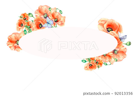 Frame with popy flowers, lush red floral bouquet watercolor illustration isolated Frame with popy flowers, lush red floral bouquet watercolor illustration isolated 92013356