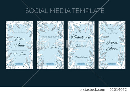 Floral wedding vertical social media template in hand drawn doodle style, invitation card design with line flowers and leaves, dots. Vector decorative frame on white and blue background. 92014052