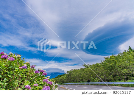 (Shizuoka Prefecture) Mt. Fuji with hydrangea in full bloom and huge hanging clouds 92015157