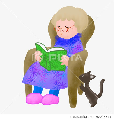 Illustration of an old lady reading a book in an armchair Illustration of an old lady reading a book in an armchair 92015344