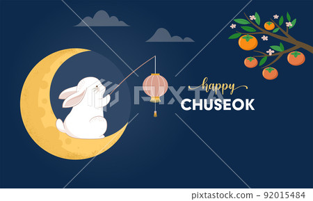 Mid Autumn Festival Concept Design with Cute Rabbits, Bunnies and Moon Illustrations. Chinese 92015484