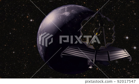 James Webb telescope in outer space on orbit of Earth. Planet surface and satellite. Elemets of thisd iamge furnished by NASA. 3d rendering. James Webb telescope in outer space on orbit of Earth. Planet surface and satellite. Elemets of thisd iamge furnished by NASA. 3d rendering. 92017547