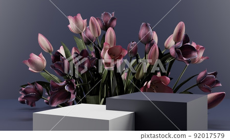 Podium, stand, showcase on pastel light, background and flowers. for premium product with nature plant, leaves.3d render. Podium, stand, showcase on pastel light, background and flowers. for premium product with nature plant, leaves.3d render. 92017579