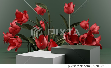 3d podium for cosmetics demonstration. The square stage is white with pink flowers on the background of the walls with shadow from the sunlight. 3d rendering. 3d podium for cosmetics demonstration. The square stage is white with pink flowers on the background of the walls with shadow from the sunlight. 3d rendering. 92017580