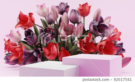 3D rendering flower background with geometric shape podium for product display, minimal concept, Premium illustration pastel floral elements, beauty, cosmetic. 92017581