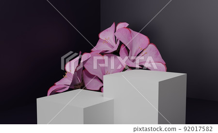 Podium, stand, showcase on pastel light, background and flowers. for premium product with nature plant, leaves.3d render. Podium, stand, showcase on pastel light, background and flowers. for premium product with nature plant, leaves.3d render. 92017582