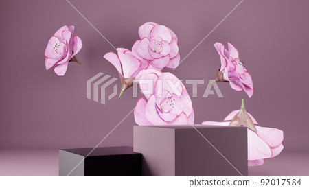 3D rendering flower background with geometric shape podium for product display, minimal concept, Premium illustration pastel floral elements, beauty, cosmetic. 92017584
