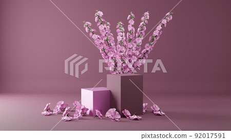 3d podium for cosmetics demonstration. The square stage is white with pink flowers on the background of the walls with shadow from the sunlight. 3d rendering. 3d podium for cosmetics demonstration. The square stage is white with pink flowers on the background of the walls with shadow from the sunlight. 3d rendering. 92017591