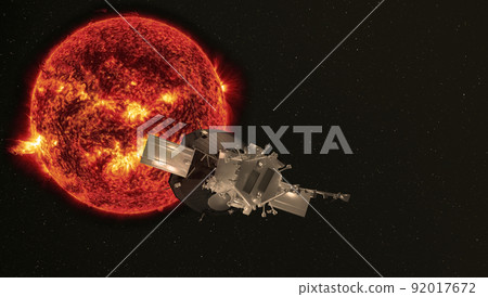 A probe to study the sun, approaching a star. Elements of this image were furnished by NASA. 3d rendering. 92017672