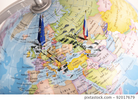 Illustration of globe with confrontation between Russian and Nato troops. Russian invasion of Ukraine. Geopolitical conflict. 3d rendering. Illustration of globe with confrontation between Russian and Nato troops. Russian invasion of Ukraine. Geopolitical conflict. 3d rendering. 92017679