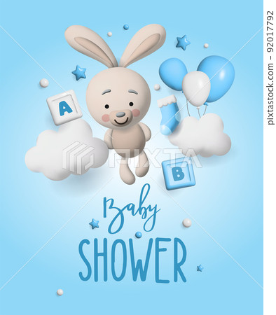 Baby shower 3d space. Banner poster on Baby shower in render style. Lettering baby. Vector illustration in 3 d style. 92017792
