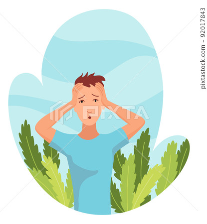 Allergic reactions concept. Symptoms of disease. Man with hypersensitivity and reaction of immune system on some grass Allergic reactions concept. Symptoms of disease. Man with hypersensitivity and reaction of immune system on some grass 92017843