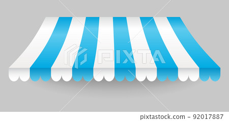 Awning element. Sunshade prevent sunlight and rain. Shop decorating. Outdoor vintage striped canopy. Marketplace tent roof, template for design 92017887