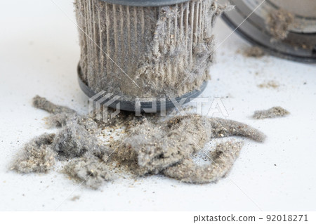 Dirty vacuum cleaner filter. The miniature vacuum cleaner has collected a lot of dust and debris 92018271