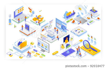 Upload files to cloud storage, organize stuff, find photos faster and create smart albums, vector isometric illustration Upload files to cloud storage, organize stuff, find photos faster and create smart albums, vector isometric illustration 92018477