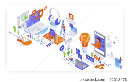 Song writer, video blogger, flat vector isometric illustration. Music production. Blogging, vlogging. 92018478