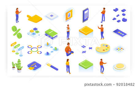 Math calculator app mobile ui design, vector isometric icon set. Online calculator, math equation and problems solver. Math calculator app mobile ui design, vector isometric icon set. Online calculator, math equation and problems solver. 92018482