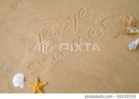 Composition with text BYE BYE SUMMER seashells, pebbles, mockup on sand background. Blank, top view, still life, flat lay. Sea summer vacation travel concept tourism and resorts. Composition with text BYE BYE SUMMER seashells, pebbles, mockup on sand background. Blank, top view, still life, flat lay. Sea summer vacation travel concept tourism and resorts. 92018559