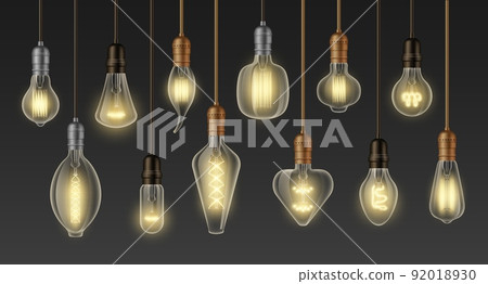 Incandescent lamps. Vintage glowing 3D realistic light bulb, retro loft ceiling filament chandelier, modern interior decoration. Vector isolated set 92018930