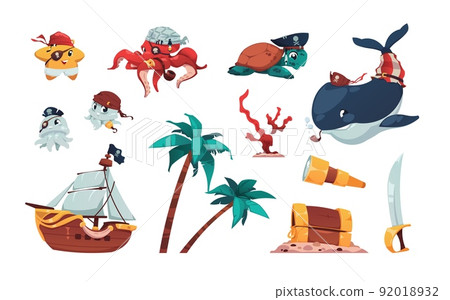 Cartoon pirate collection. Cute marine animals in pirate costumes, spyglass wooden chest palm trees and sailboat kids illustration. Vector isolated set 92018932