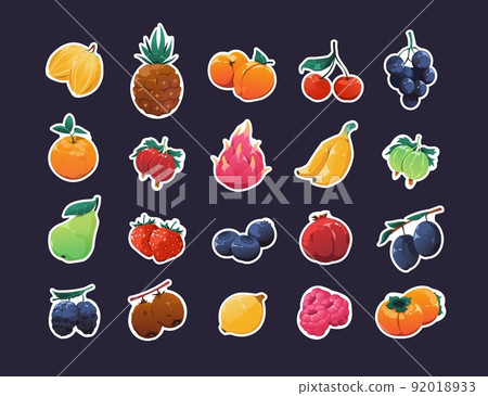 Cartoon fruit stickers. Fresh colorful organic fruits graphic bundle, sprite game asset of apple, apricot strawberry pineapple pomegranate raspberry. Vector set 92018933