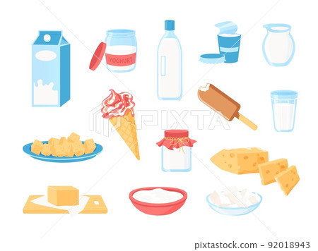 Milk products. Cartoon dairy farm food, organic cheese creams ice cream butter yoghurt in glass bottle and plastic packaging. Vector healthy food with calcium isolated set 92018943