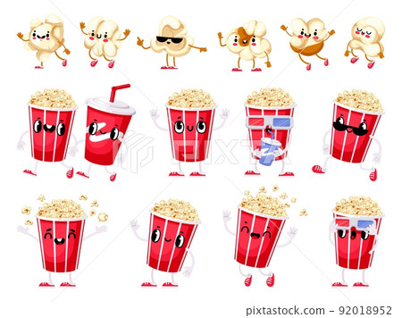 Popcorn mascot. Cartoon sweet and salty popping corn movie fun snack character with cute happy face, hands and legs. Vector food for TV series and cinema watching 92018952