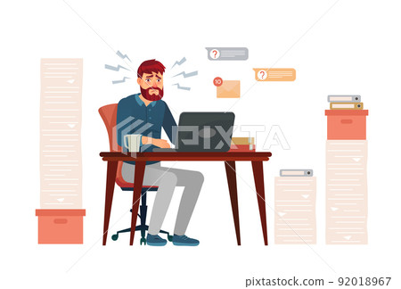 2205 S ST Stressed employees working overtime. Man sitting at seek with laptop, receiving mails and notifications 92018967