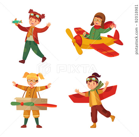 Kids in pilot costumes with toy plane made of card box dreaming of piloting. Little children with paper aircraft wings 92018981