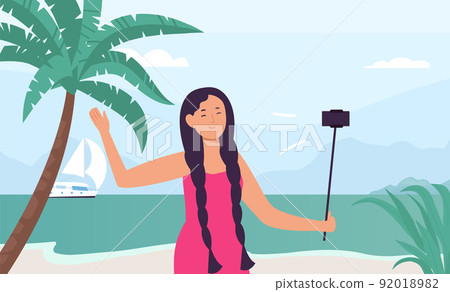 Girl blogger record travel vlog hold phone on selfie stick. Female character having vacation on seaside Girl blogger record travel vlog hold phone on selfie stick. Female character having vacation on seaside 92018982