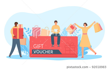 Gift card voucher. Tiny people sitting and standing near coupon with shopping bags and gift boxes. Woman and man celebration Gift card voucher. Tiny people sitting and standing near coupon with shopping bags and gift boxes. Woman and man celebration 92018983