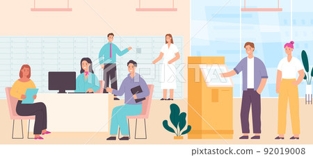 Bank with customers. Clients coming to manager desk with documents. People in queue waiting for ATM cash withdrawal 92019008