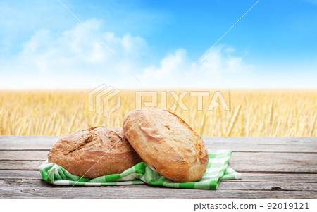 Homemade bread on wooden table 92019121