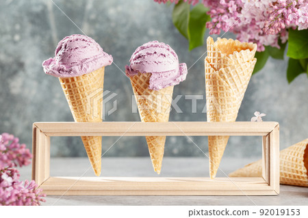 Various ice cream in waffle cones Various ice cream in waffle cones 92019153