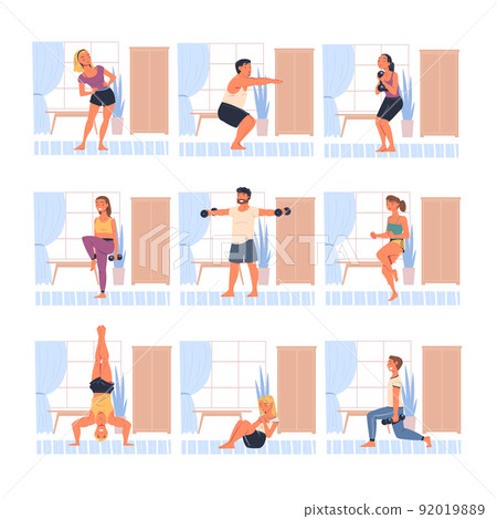People Characters Doing Sport at Home with Dumbbells Squatting and Stretching Body Vector Illustration Set People Characters Doing Sport at Home with Dumbbells Squatting and Stretching Body Vector Illustration Set 92019889