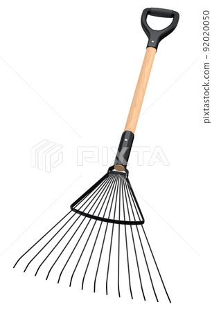 Garden rake with wooden handle for harvesting hay on white background. Garden rake with wooden handle for harvesting hay on white background. 92020050