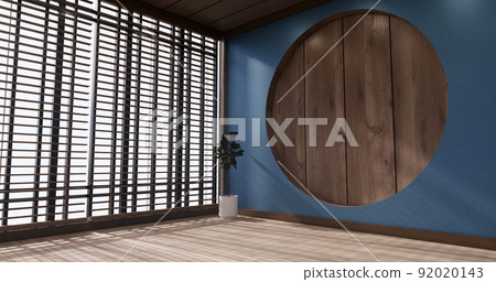 Circle shelf wall design, blue empty  room japanese deisgn, tatami mat floor. 3D rendering 92020143